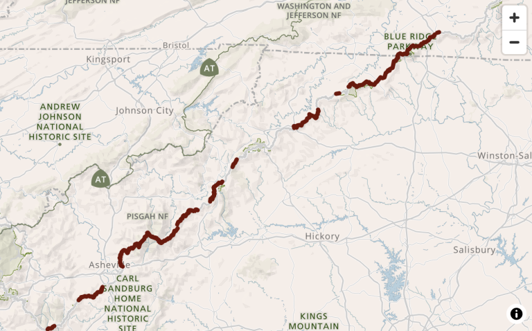 Closure map of blue ridge parkway from hurricane helene damage in 2024